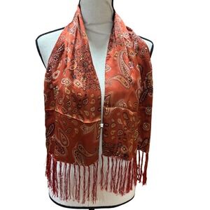 100% Silk Scarf‎ Rust Paisley Fringe Burnout Lightweight Accessory